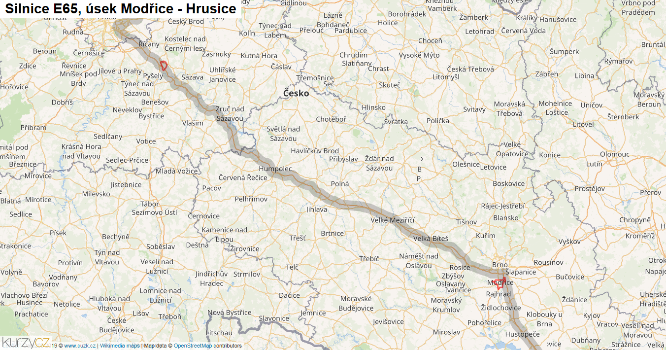 Úsek Modřice - Hrusice, Silnice E65 - Mapa