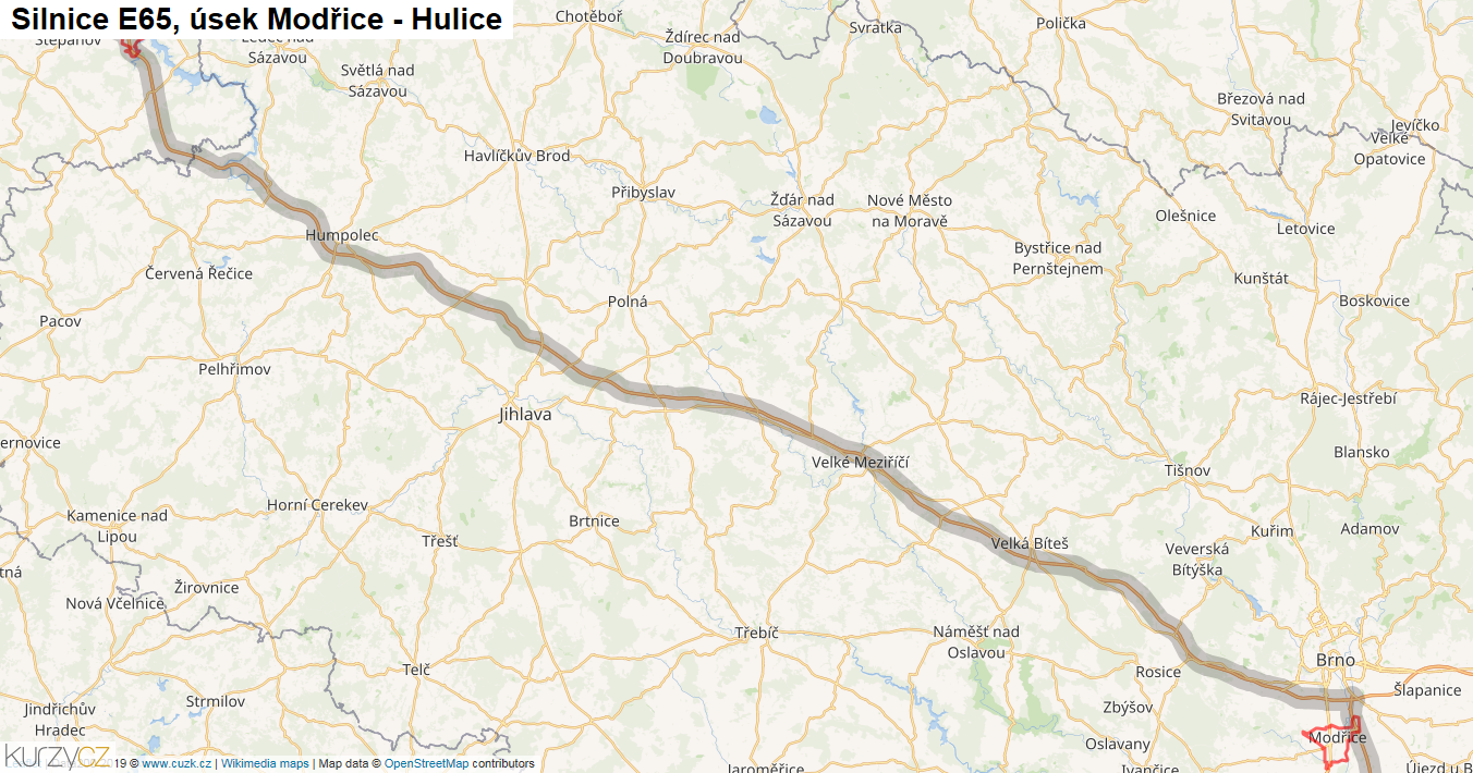 Úsek Modřice - Hulice, Silnice E65 - Mapa