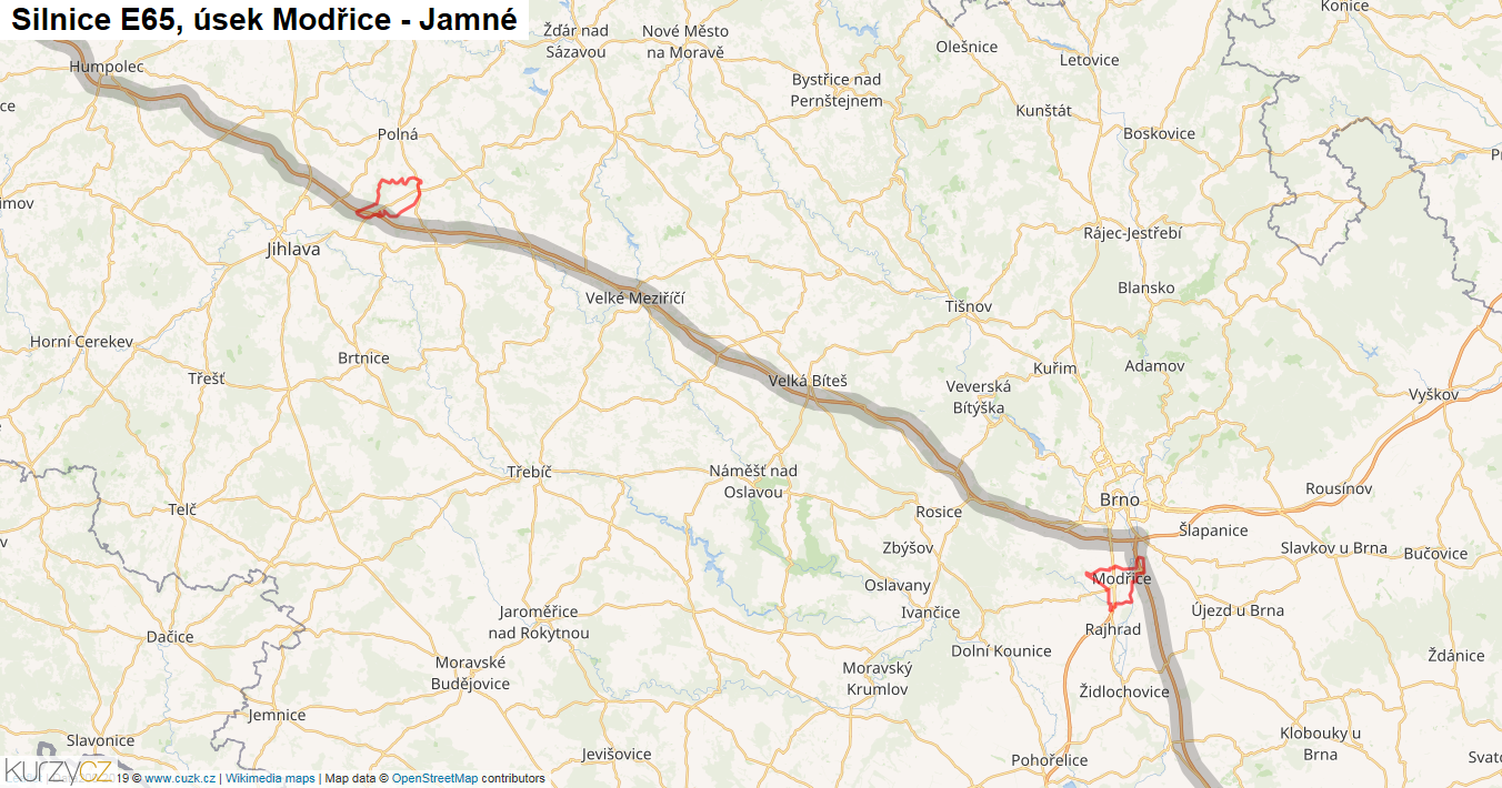 Úsek Modřice - Jamné, Silnice E65 - Mapa