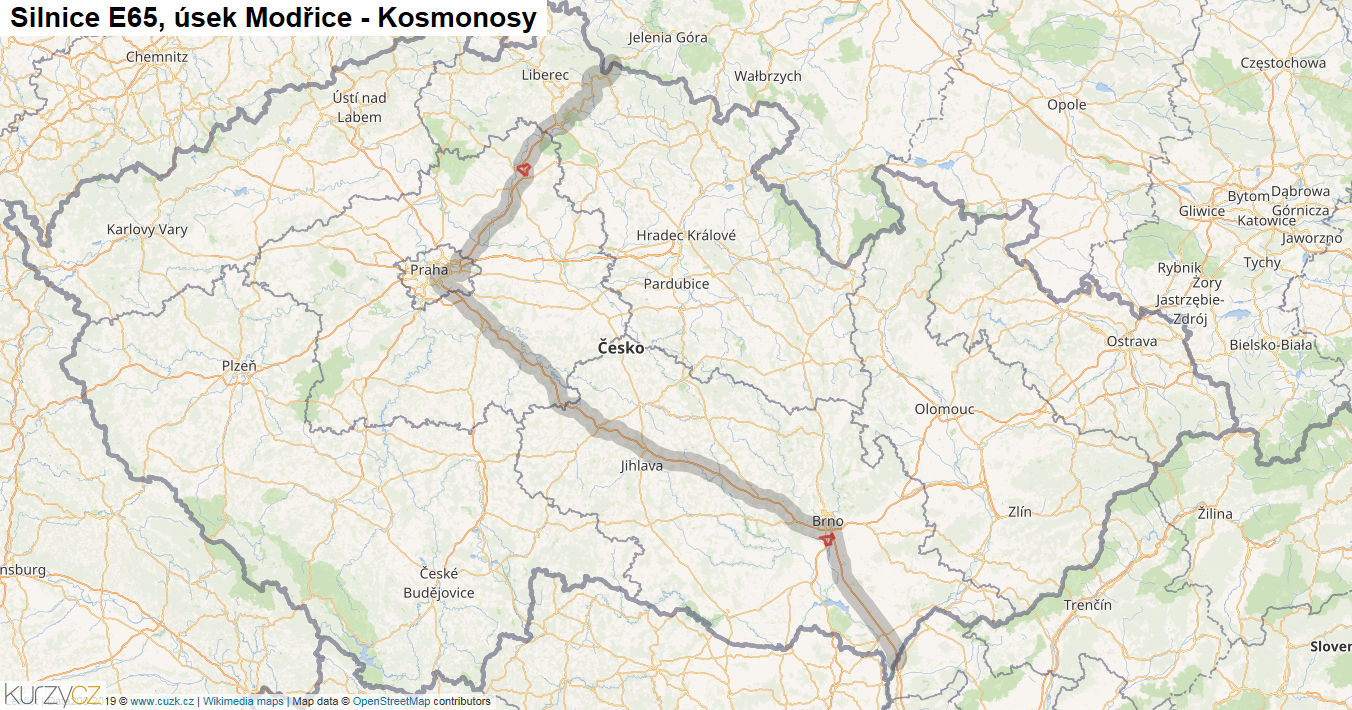 Úsek Modřice - Kosmonosy, Silnice E65 - Mapa