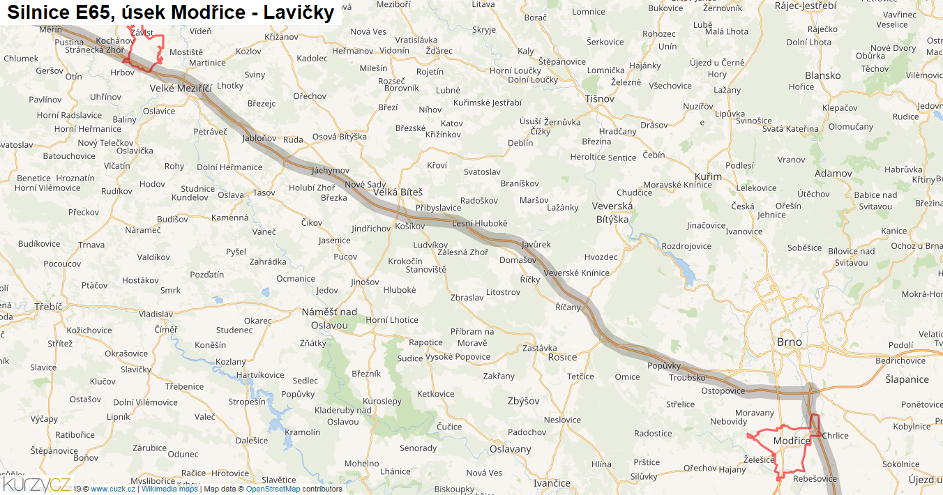 Úsek Modřice - Lavičky, Silnice E65 - Mapa