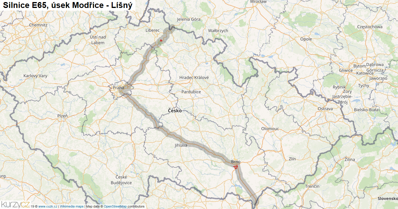 Úsek Modřice - Líšný, Silnice E65 - Mapa