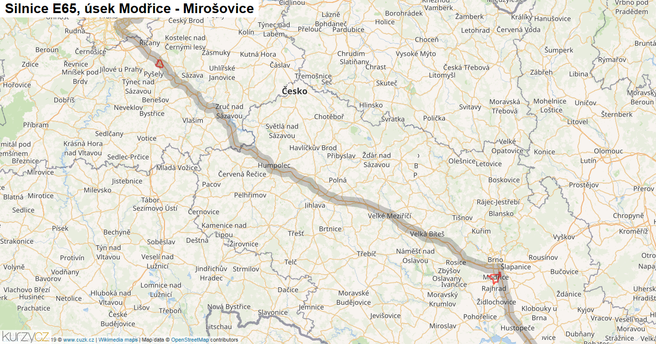 Úsek Modřice - Mirošovice, Silnice E65 - Mapa