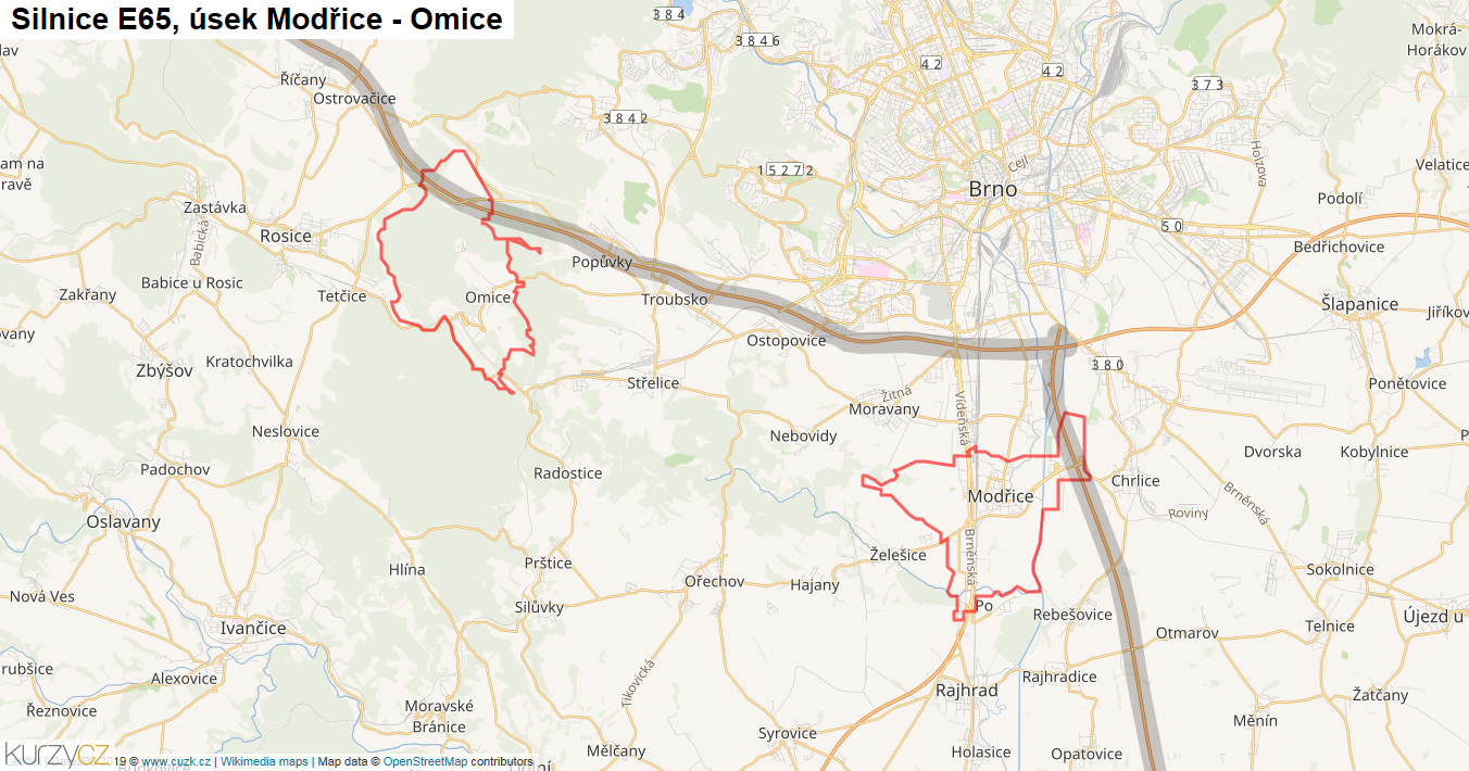 Úsek Modřice - Omice, Silnice E65 - Mapa