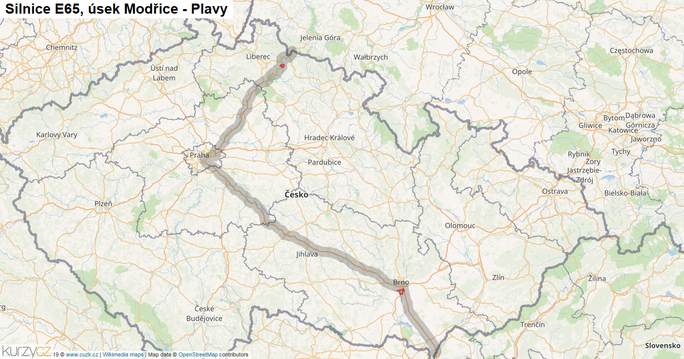 Úsek Modřice - Plavy, Silnice E65 - Mapa