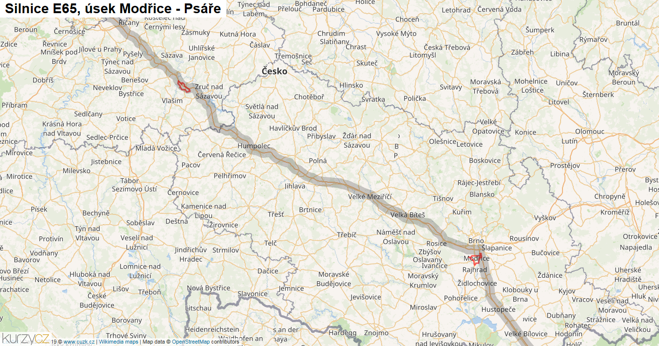 Úsek Modřice - Psáře, Silnice E65 - Mapa