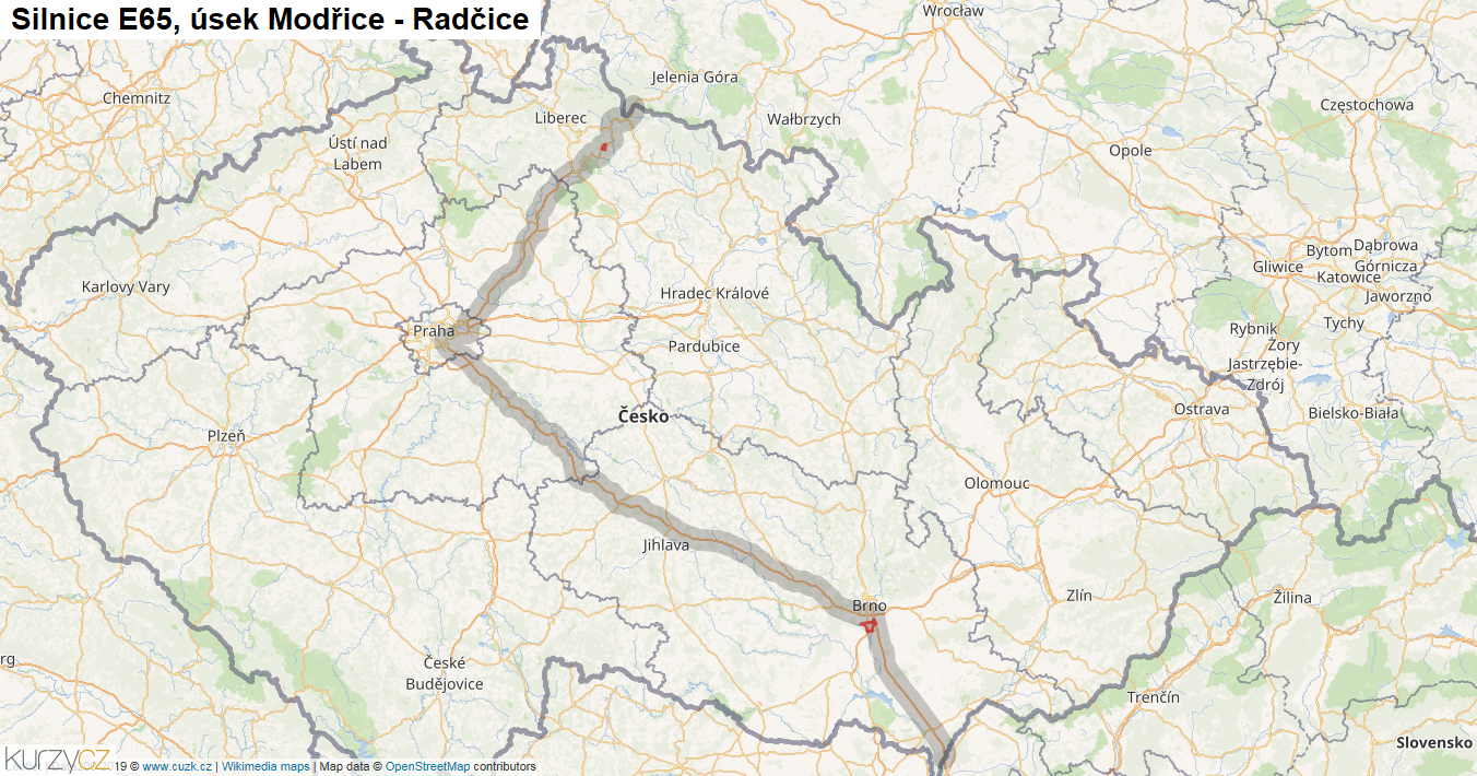 Úsek Modřice - Radčice, Silnice E65 - Mapa