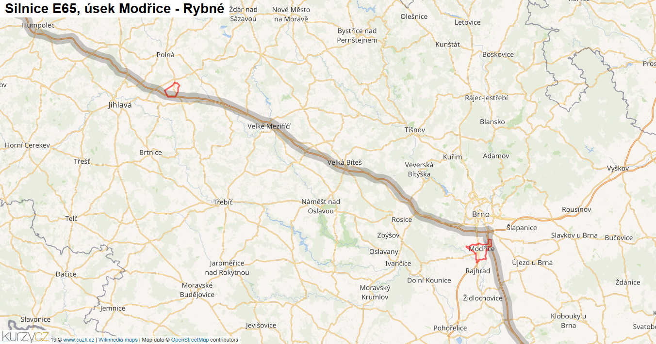 Úsek Modřice - Rybné, Silnice E65 - Mapa