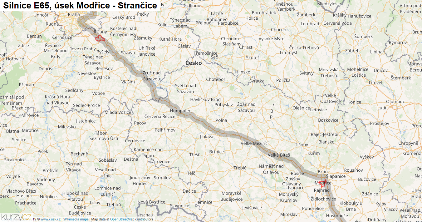 Úsek Modřice - Strančice, Silnice E65 - Mapa