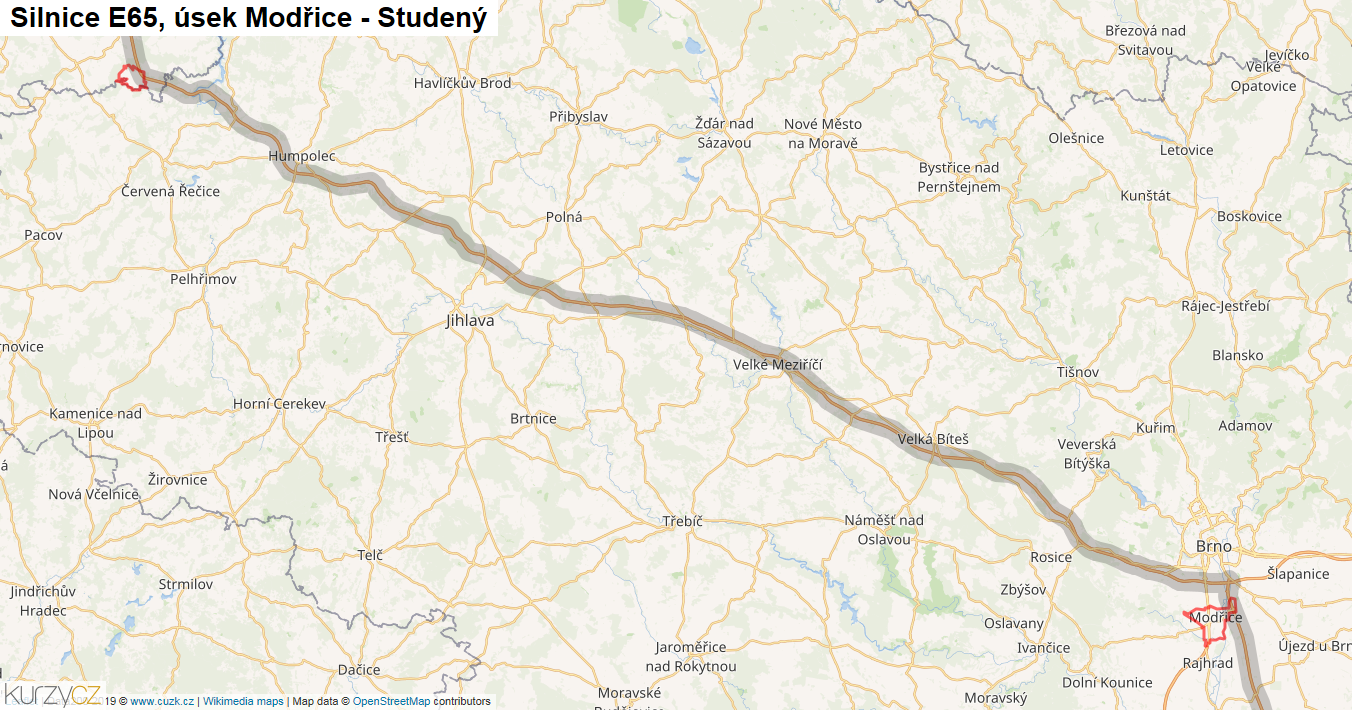 Úsek Modřice - Studený, Silnice E65 - Mapa