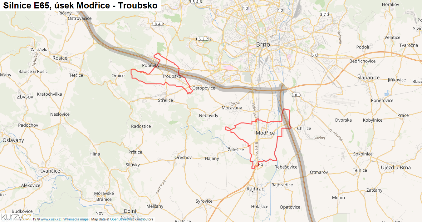 Úsek Modřice - Troubsko, Silnice E65 - Mapa