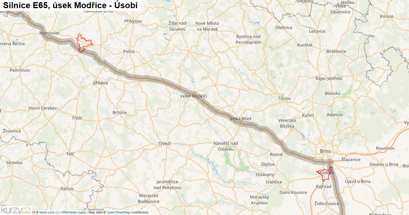 Úsek Modřice - Úsobí, Silnice E65 - Mapa