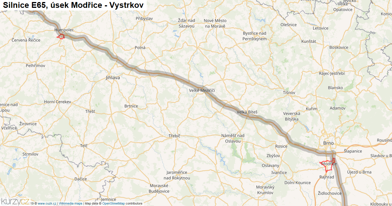 Úsek Modřice - Vystrkov, Silnice E65 - Mapa