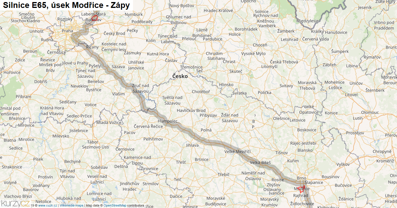 Úsek Modřice - Zápy, Silnice E65 - Mapa
