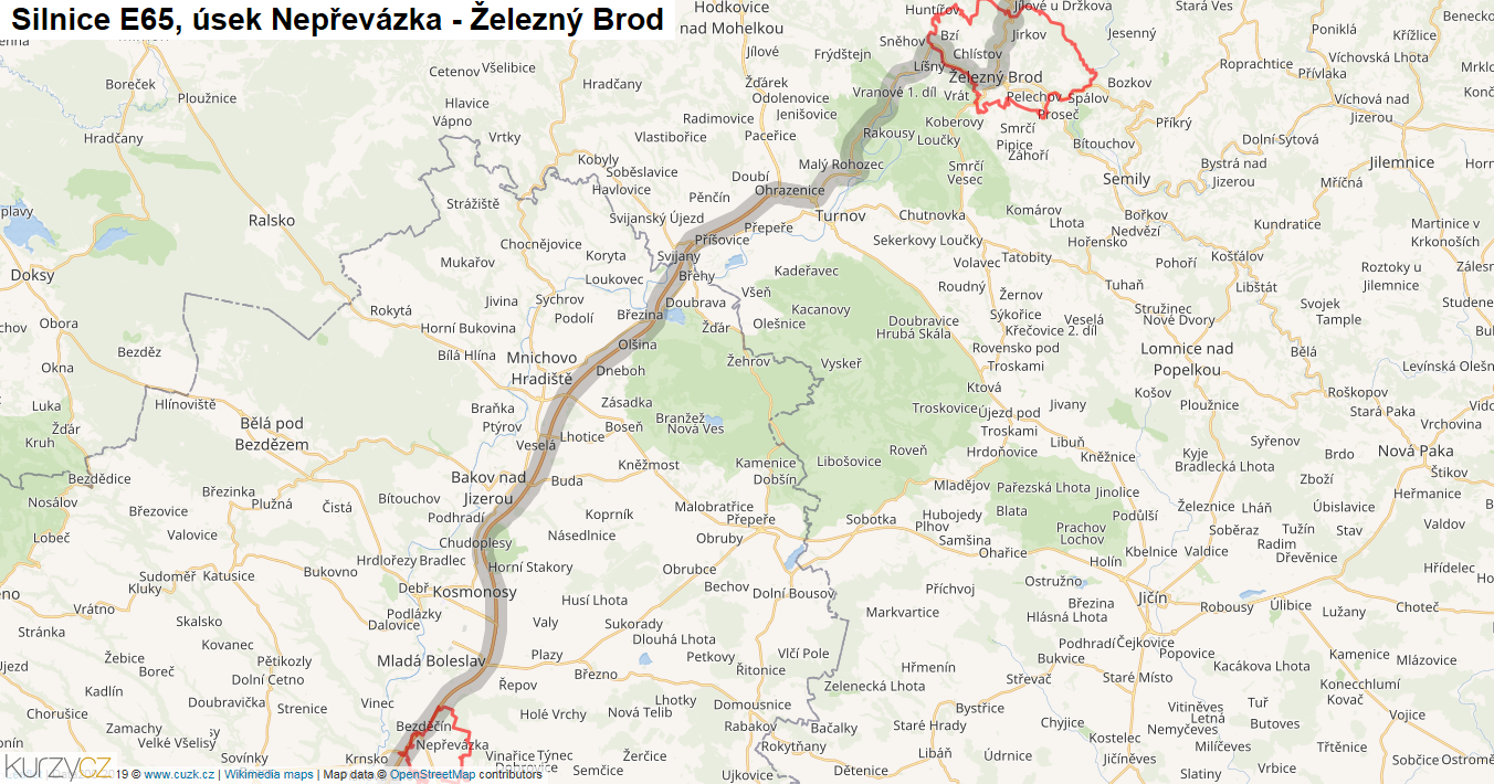 Úsek Nepřevázka - Železný Brod, Silnice E65 - Mapa