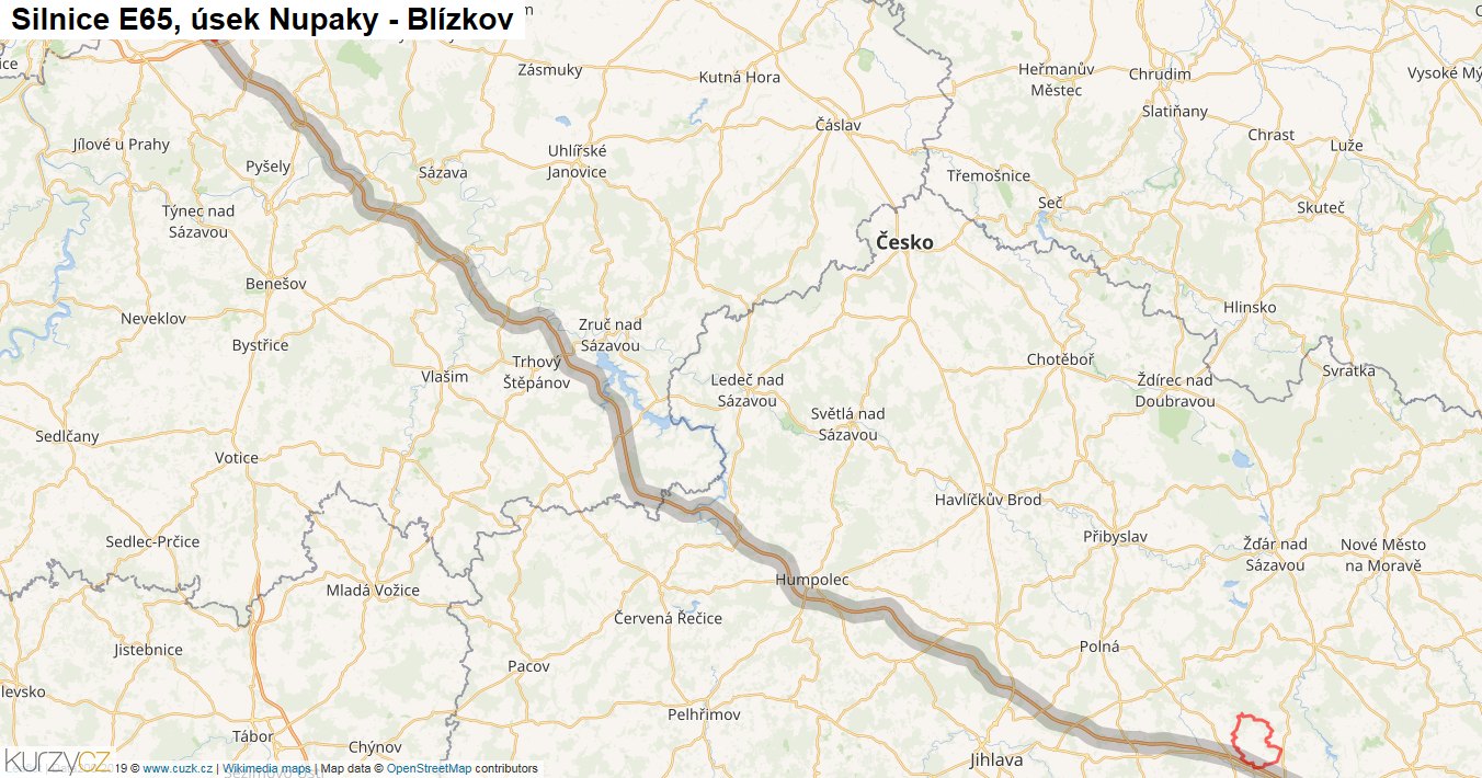 Úsek Nupaky - Blízkov, Silnice E65 - Mapa