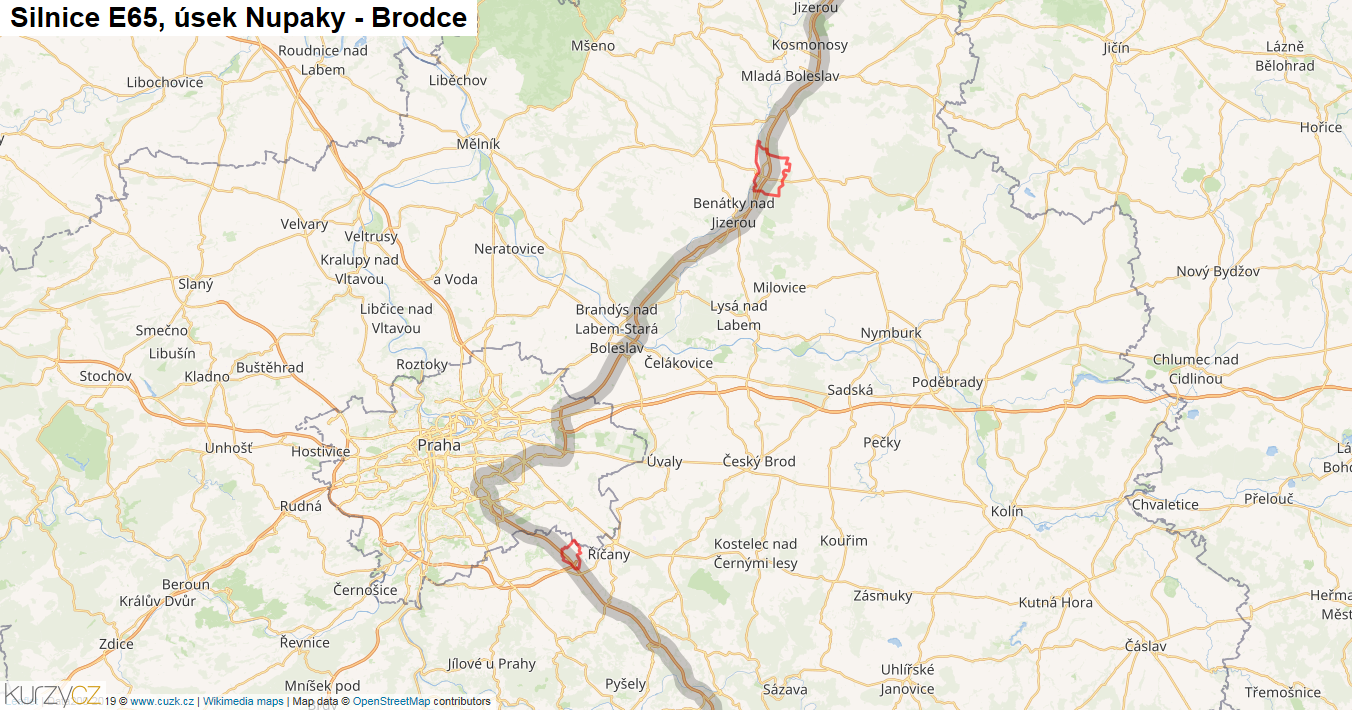 Úsek Nupaky - Brodce, Silnice E65 - Mapa