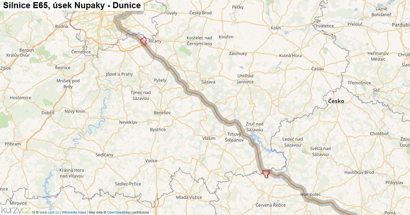 Úsek Nupaky - Dunice, Silnice E65 - Mapa