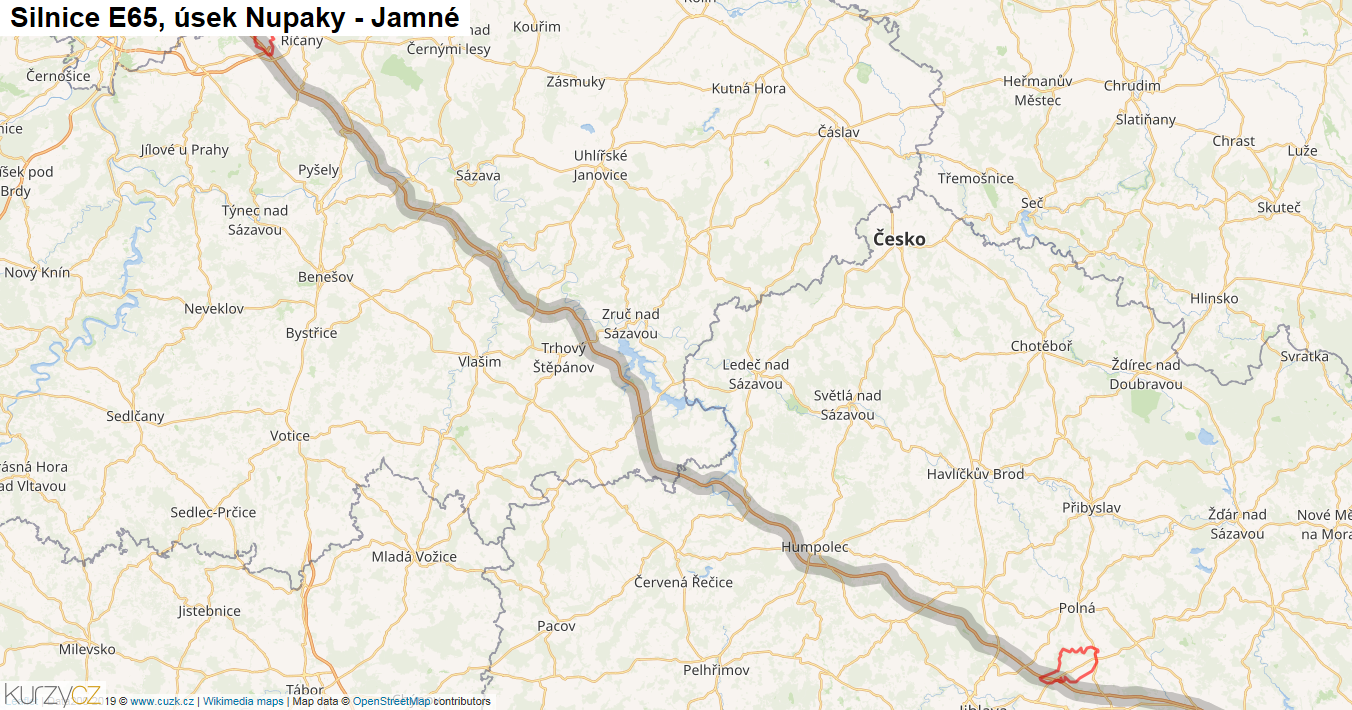 Úsek Nupaky - Jamné, Silnice E65 - Mapa