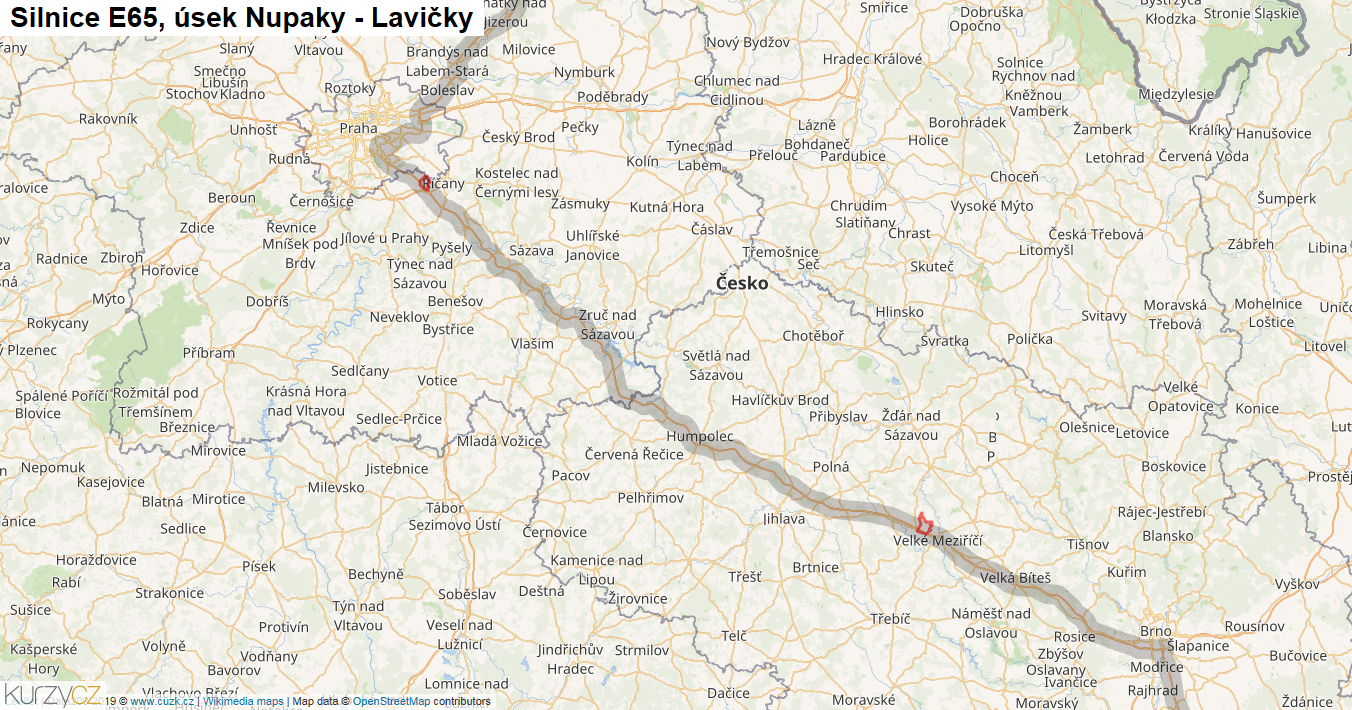 Úsek Nupaky - Lavičky, Silnice E65 - Mapa