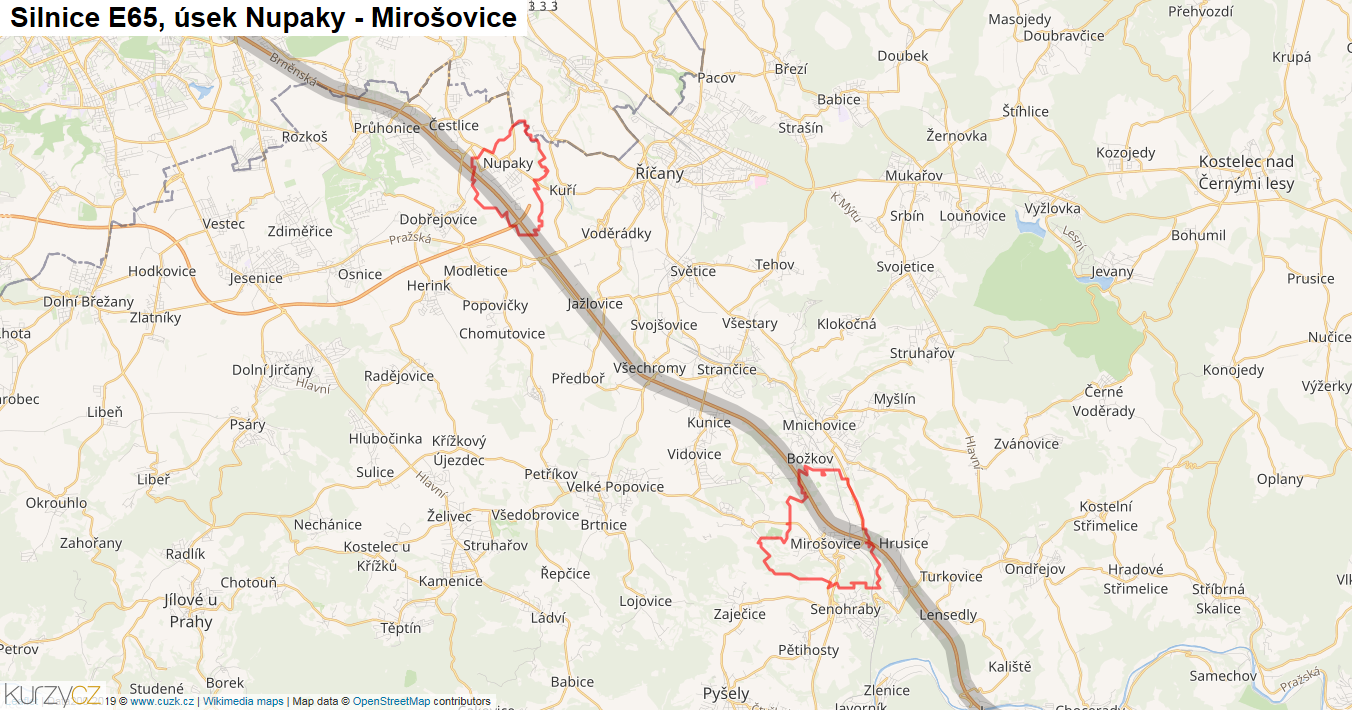 Úsek Nupaky - Mirošovice, Silnice E65 - Mapa