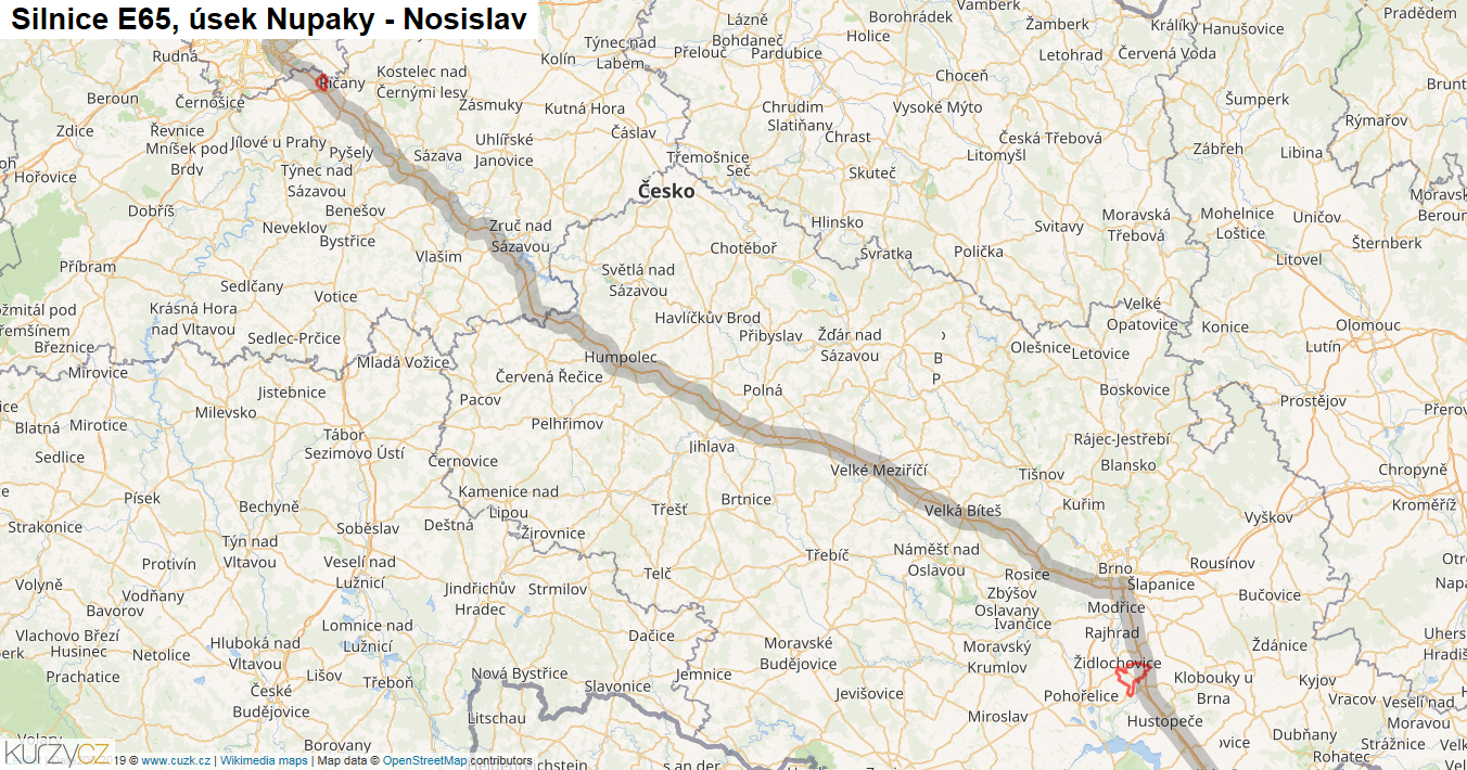 Úsek Nupaky - Nosislav, Silnice E65 - Mapa