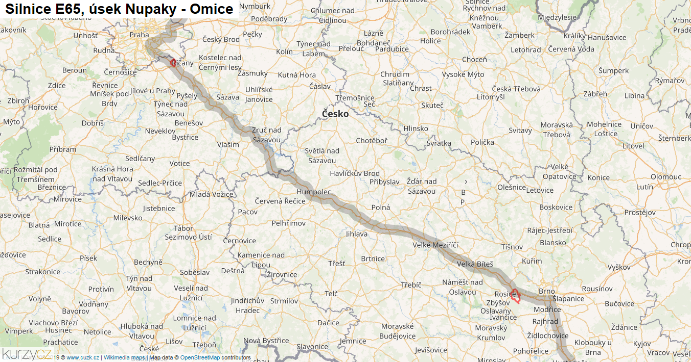Úsek Nupaky - Omice, Silnice E65 - Mapa