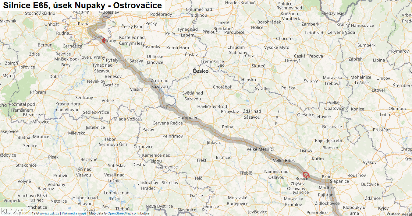 Úsek Nupaky - Ostrovačice, Silnice E65 - Mapa
