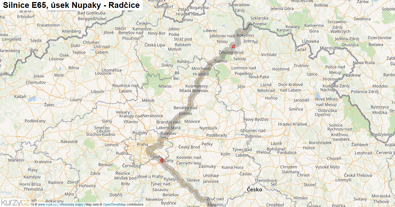 Úsek Nupaky - Radčice, Silnice E65 - Mapa