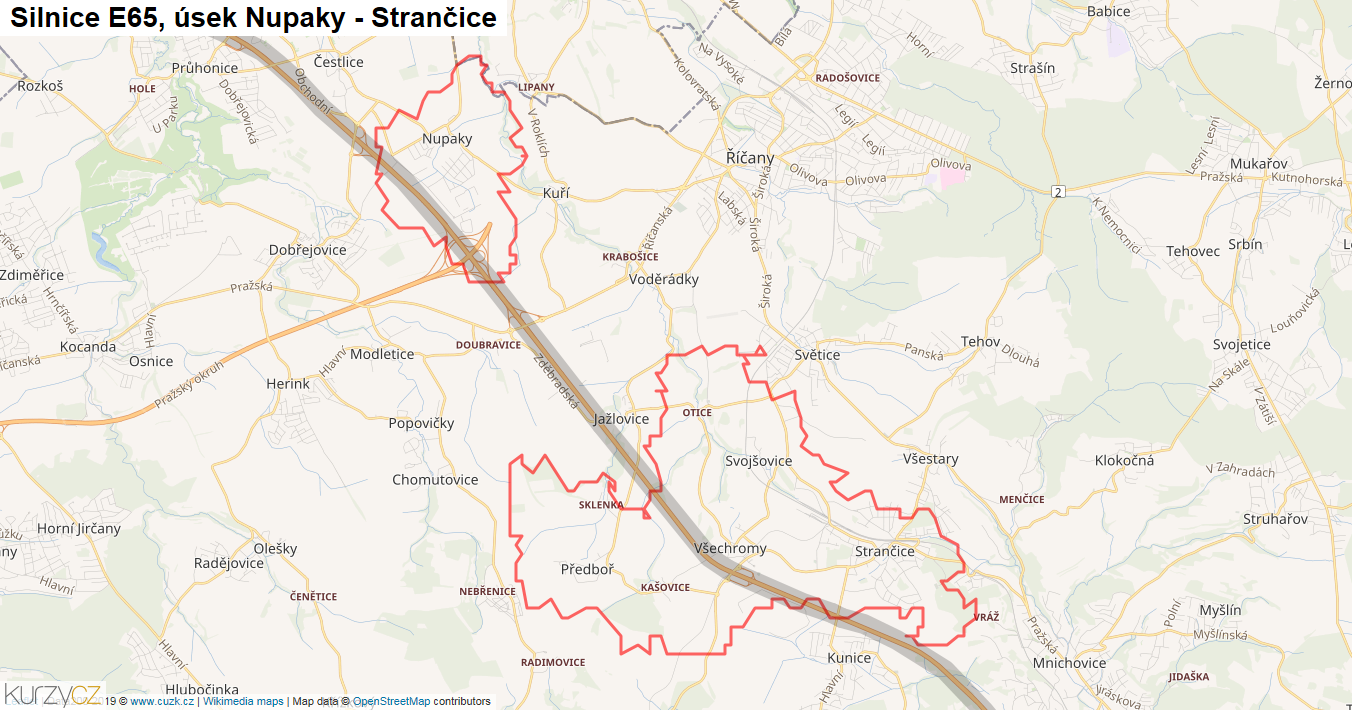 Úsek Nupaky - Strančice, Silnice E65 - Mapa