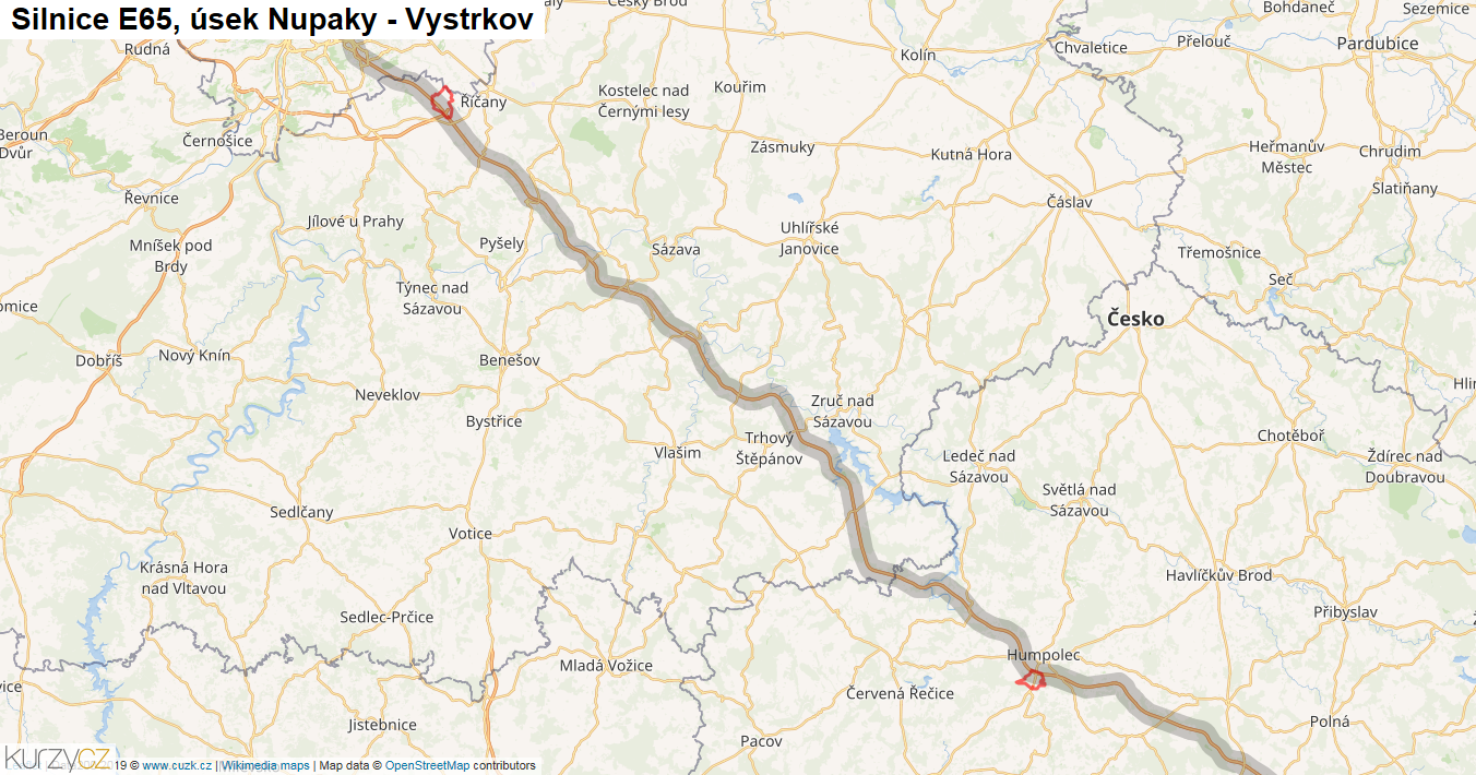 Úsek Nupaky - Vystrkov, Silnice E65 - Mapa