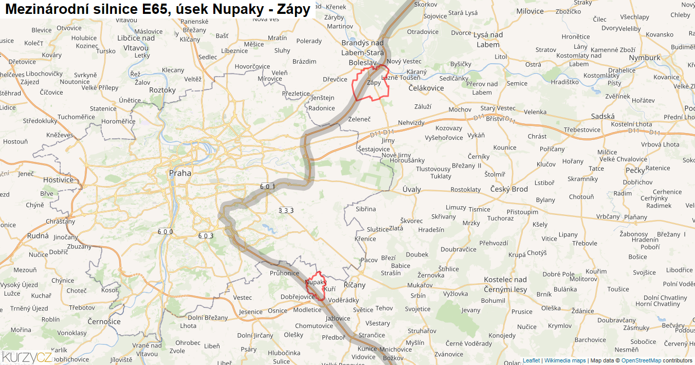 Úsek Nupaky - Zápy, Silnice E65 - Mapa