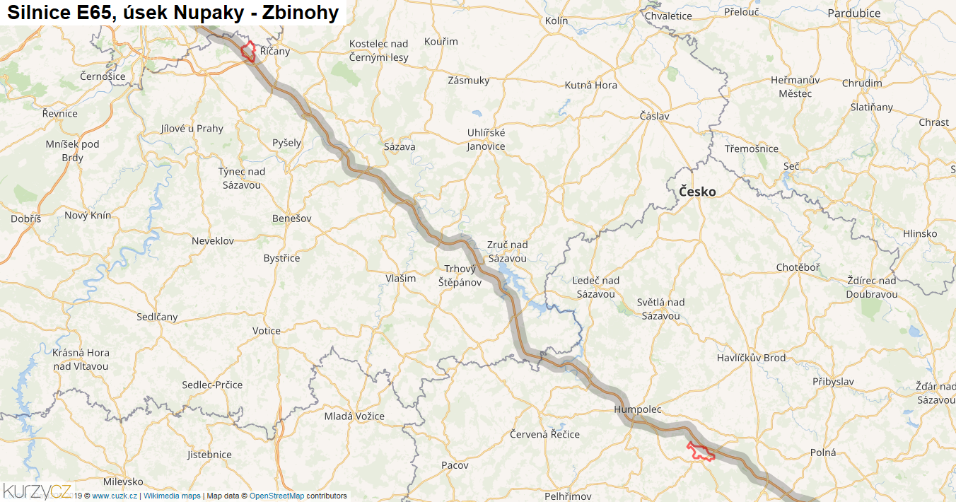 Úsek Nupaky - Zbinohy, Silnice E65 - Mapa