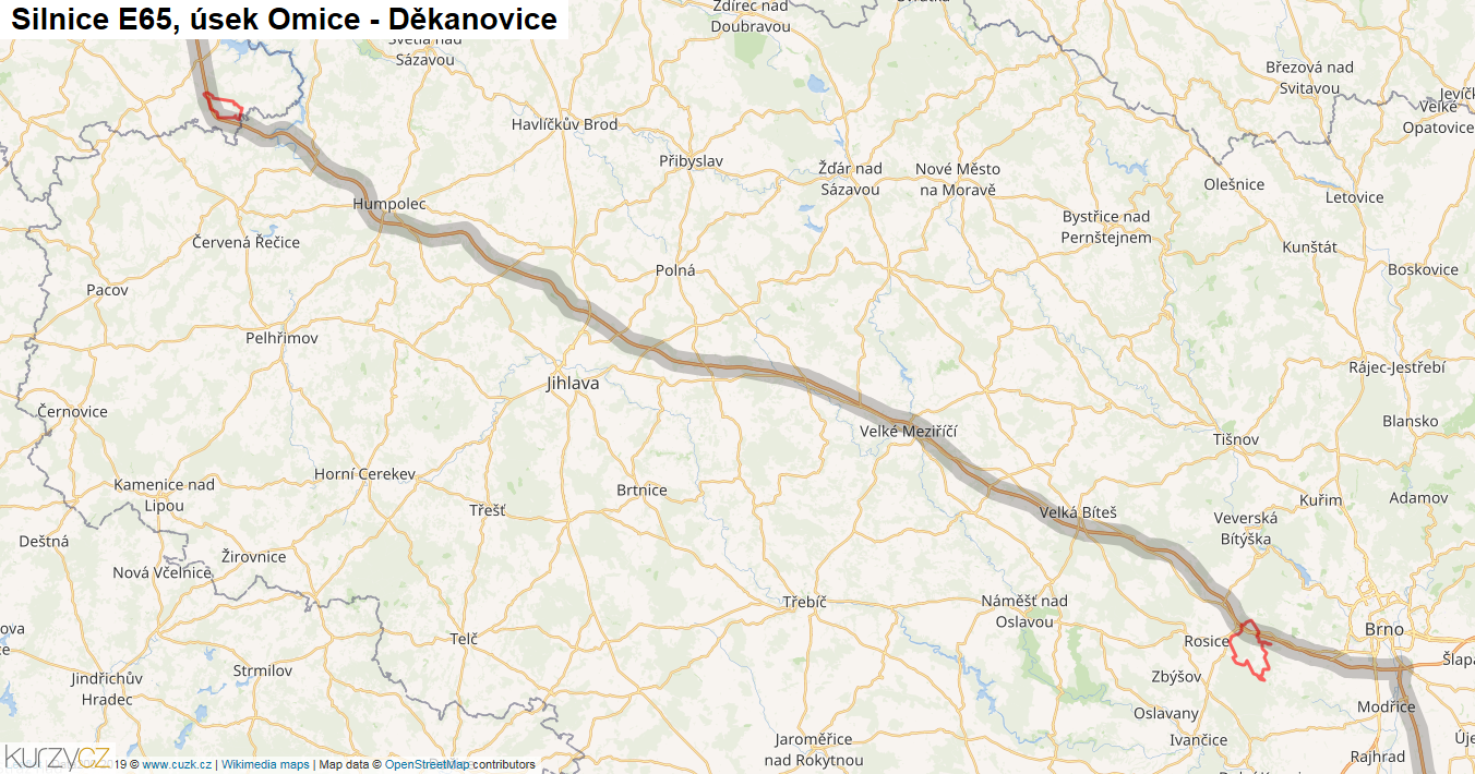 Úsek Omice - Děkanovice, Silnice E65 - Mapa