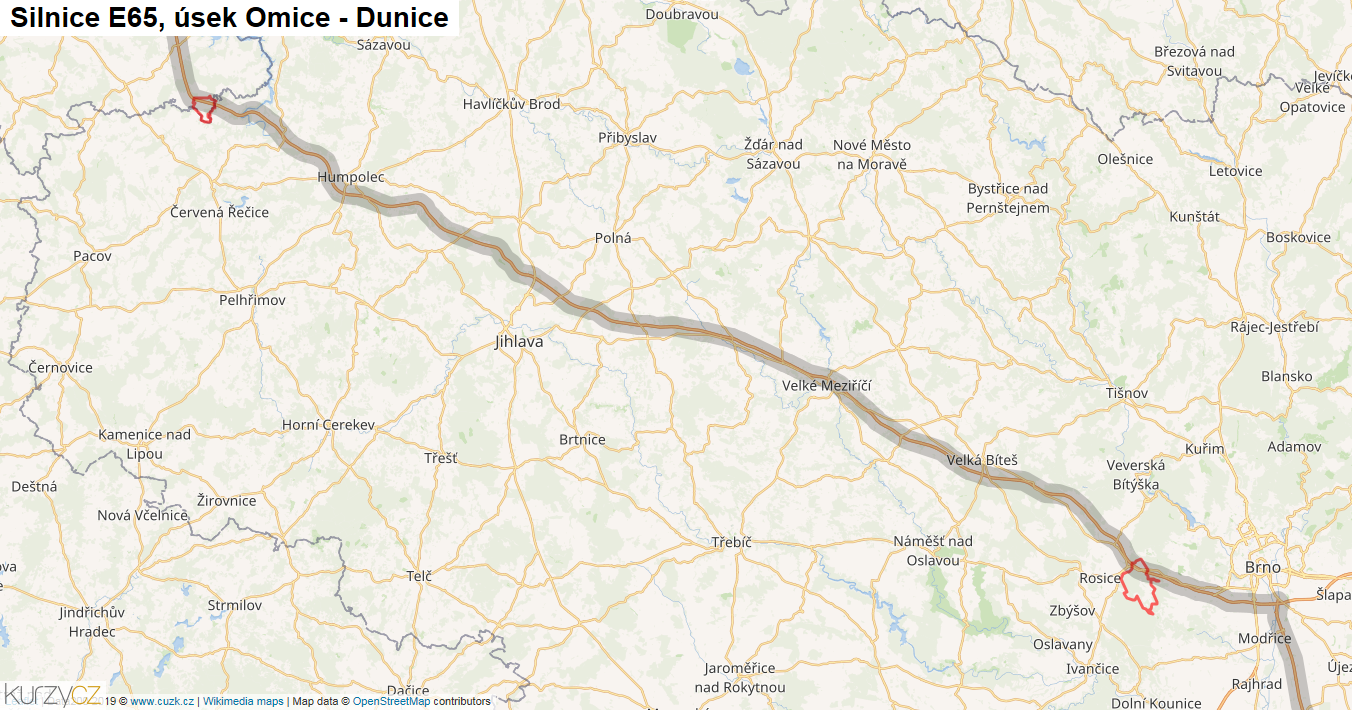 Úsek Omice - Dunice, Silnice E65 - Mapa