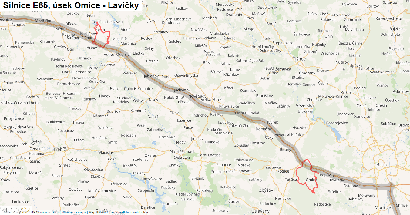 Úsek Omice - Lavičky, Silnice E65 - Mapa