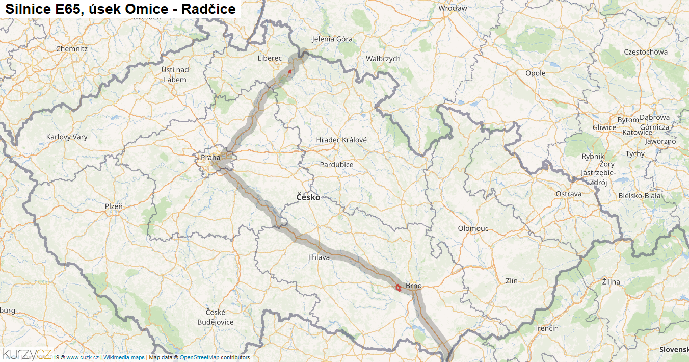 Úsek Omice - Radčice, Silnice E65 - Mapa