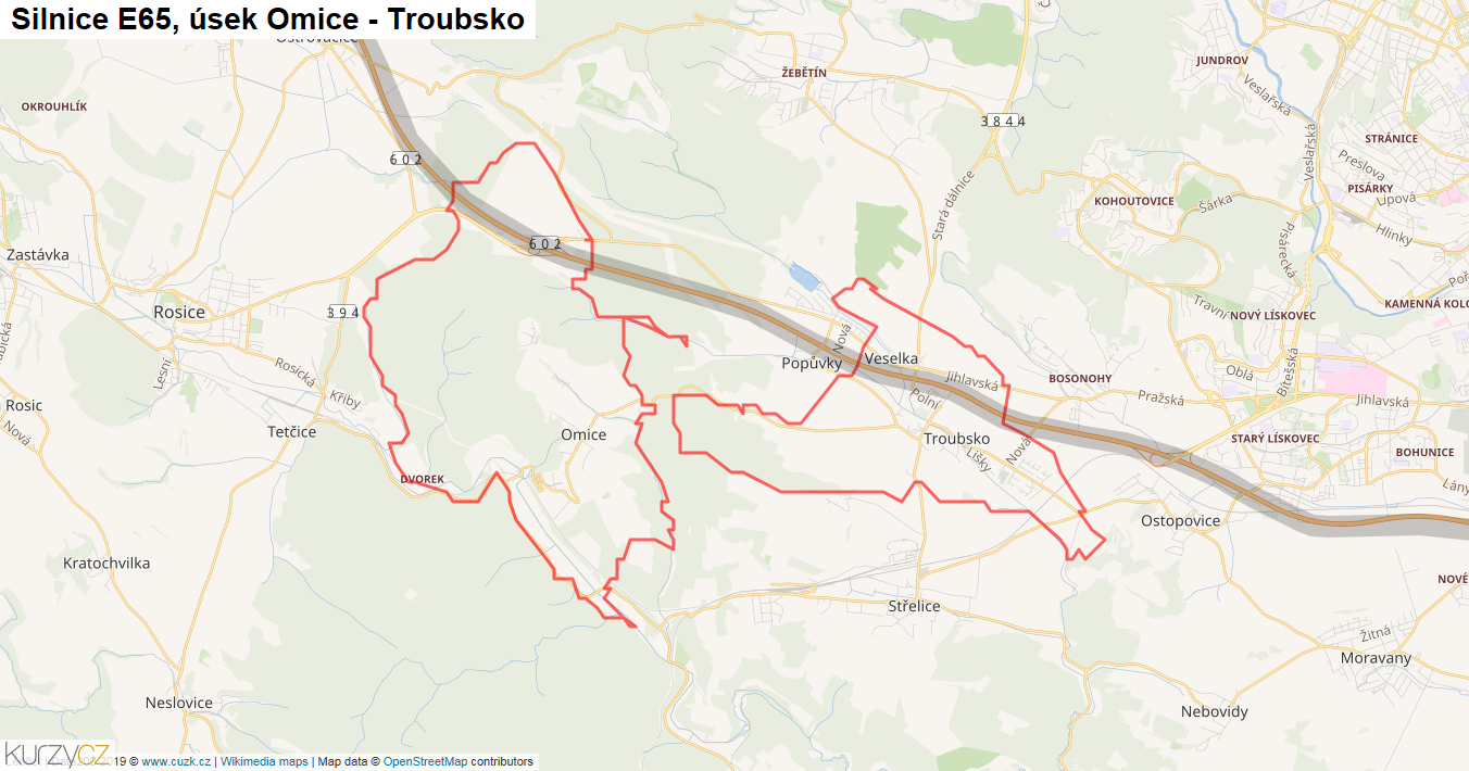 Úsek Omice - Troubsko, Silnice E65 - Mapa