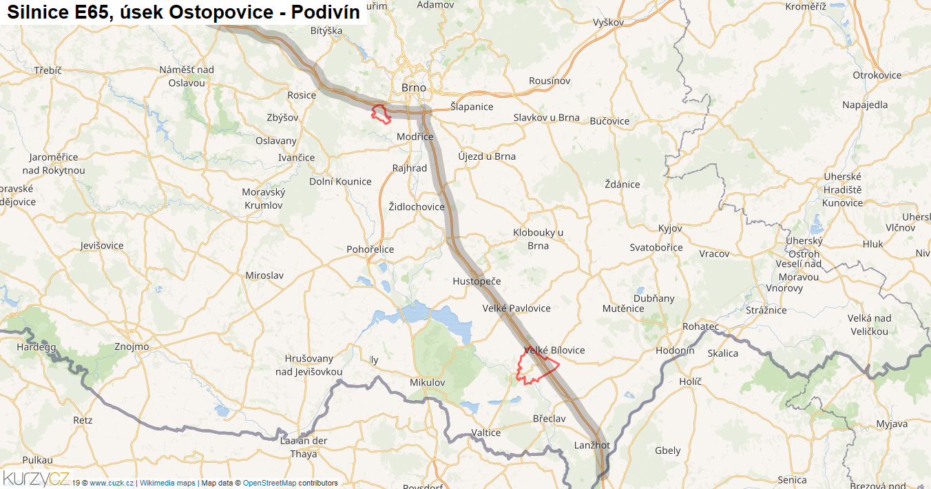 Úsek Ostopovice - Podivín, Silnice E65 - Mapa