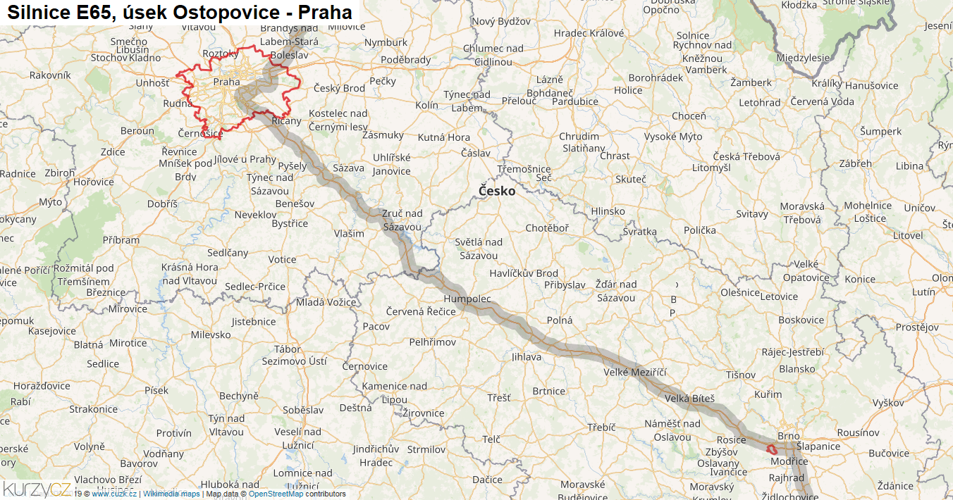 Úsek Ostopovice - Praha, Silnice E65 - Mapa