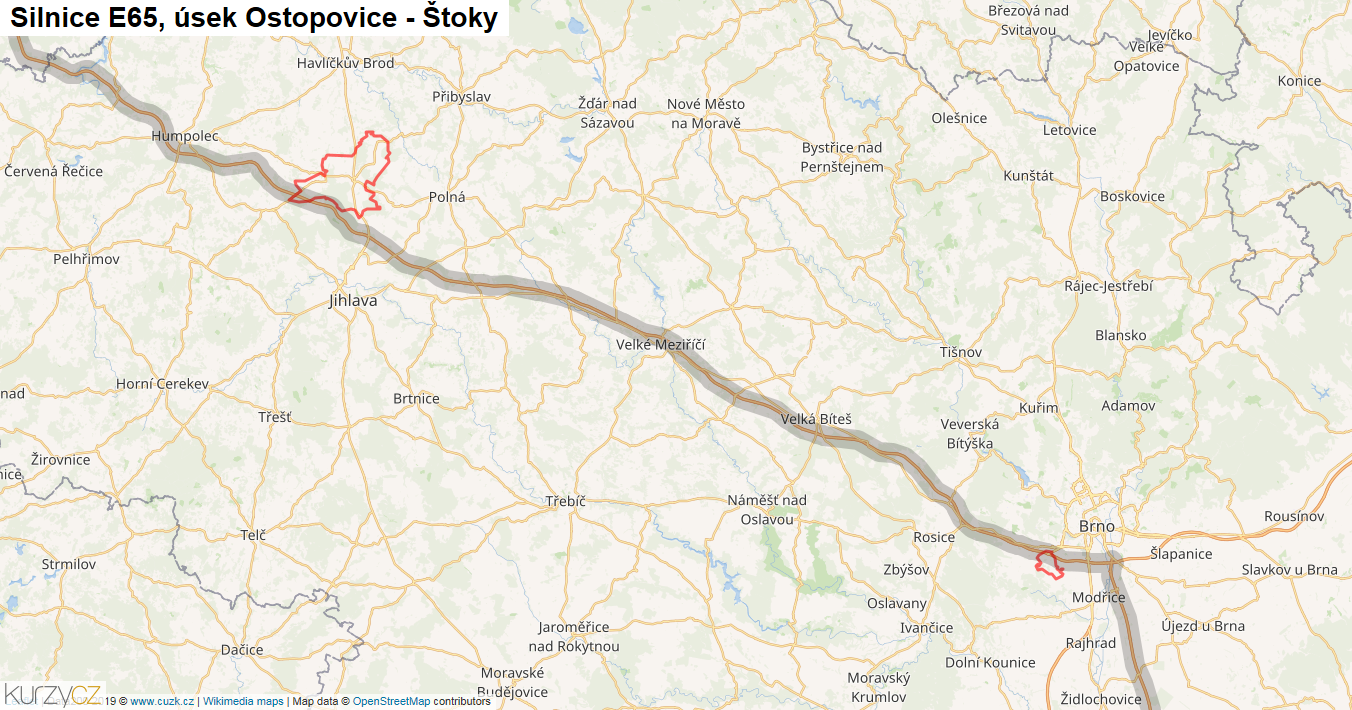 Úsek Ostopovice - Štoky, Silnice E65 - Mapa
