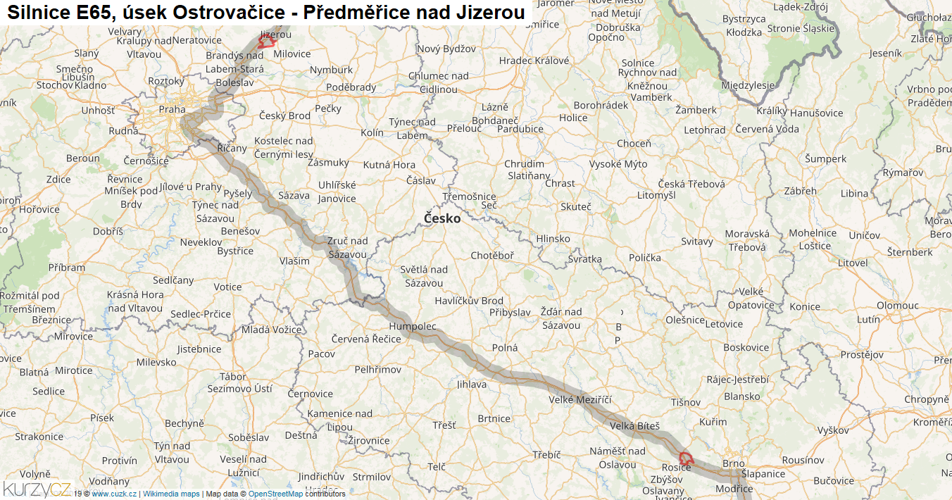 Úsek Ostrovačice - Předměřice nad Jizerou, Silnice E65 - Mapa
