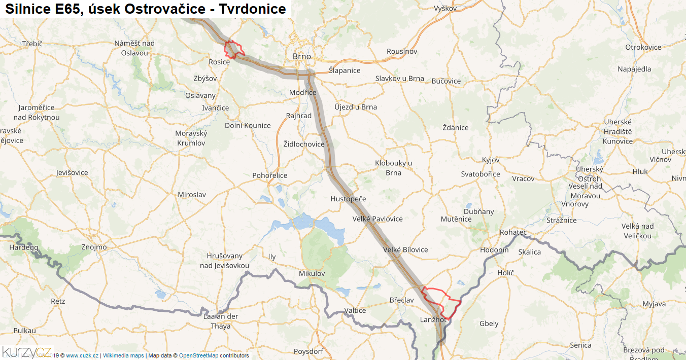 Úsek Ostrovačice - Tvrdonice, Silnice E65 - Mapa