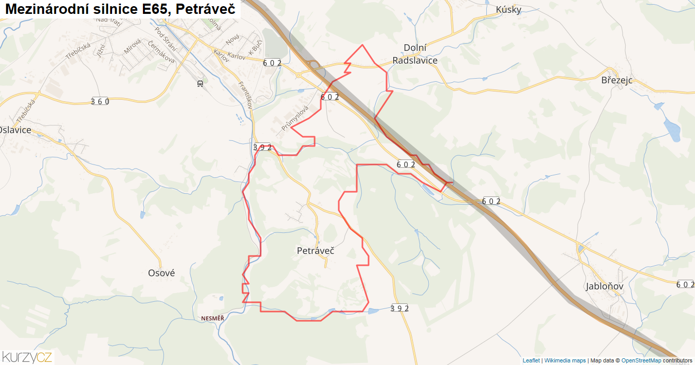 Petráveč, Silnice E65 - Mapa