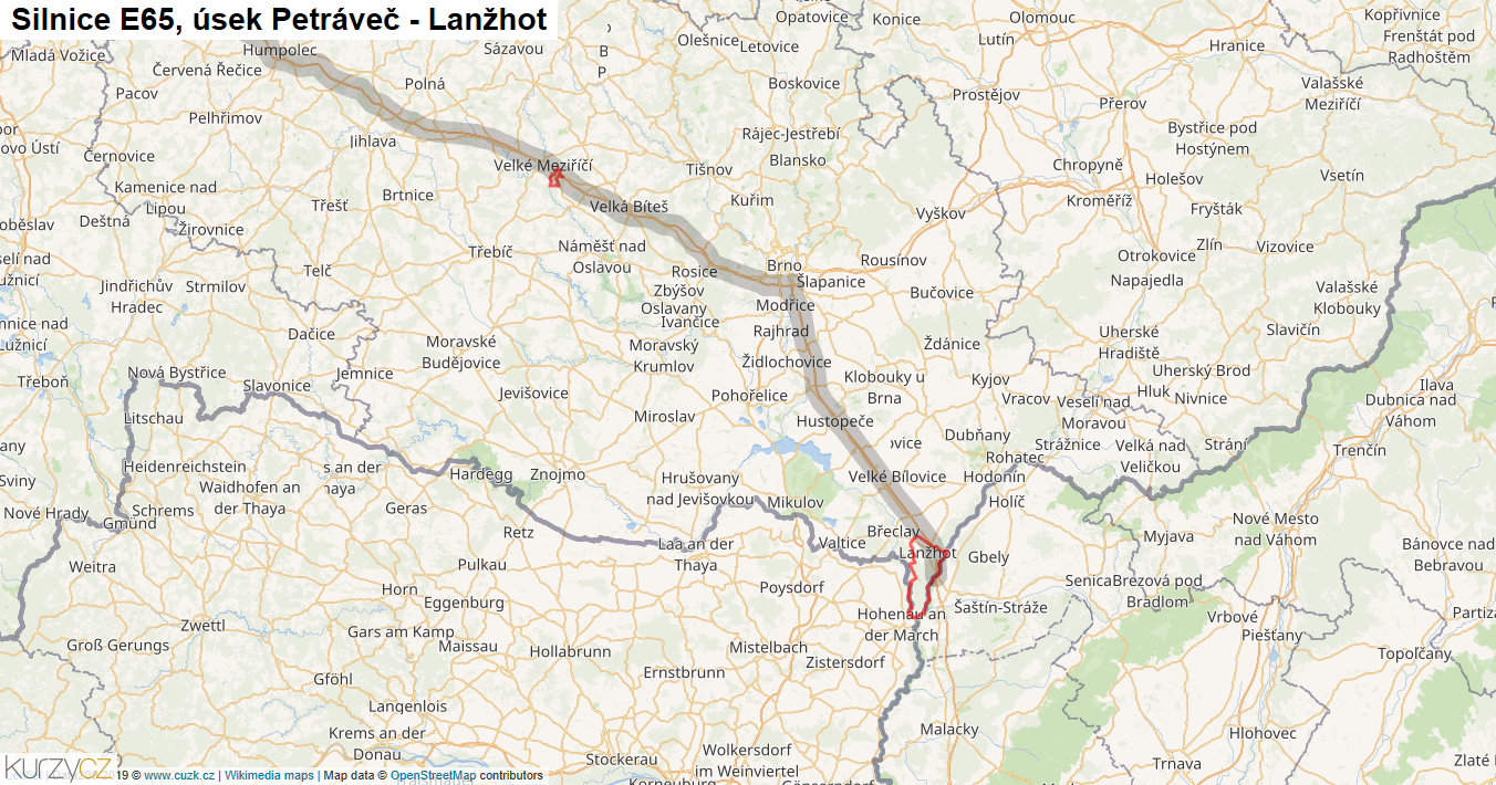 Úsek Petráveč - Lanžhot, Silnice E65 - Mapa