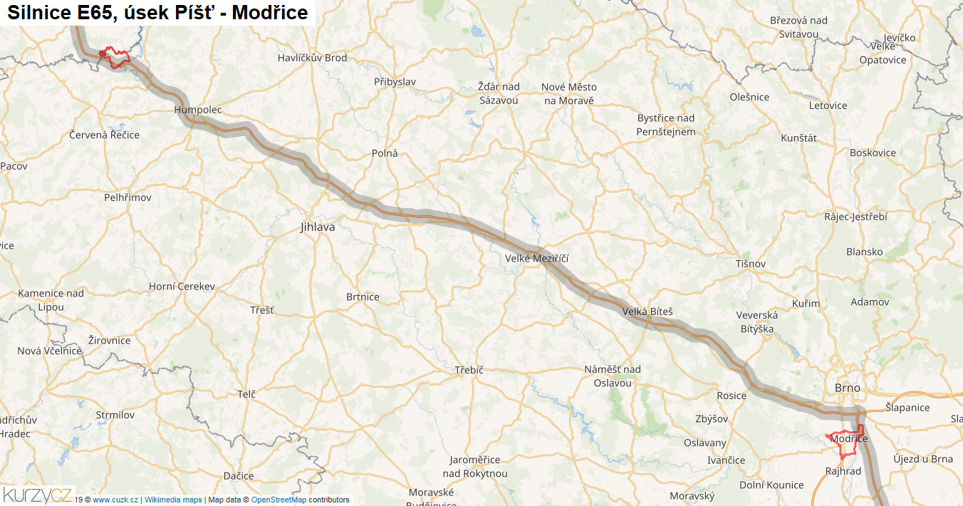 Úsek Píšť - Modřice, Silnice E65 - Mapa
