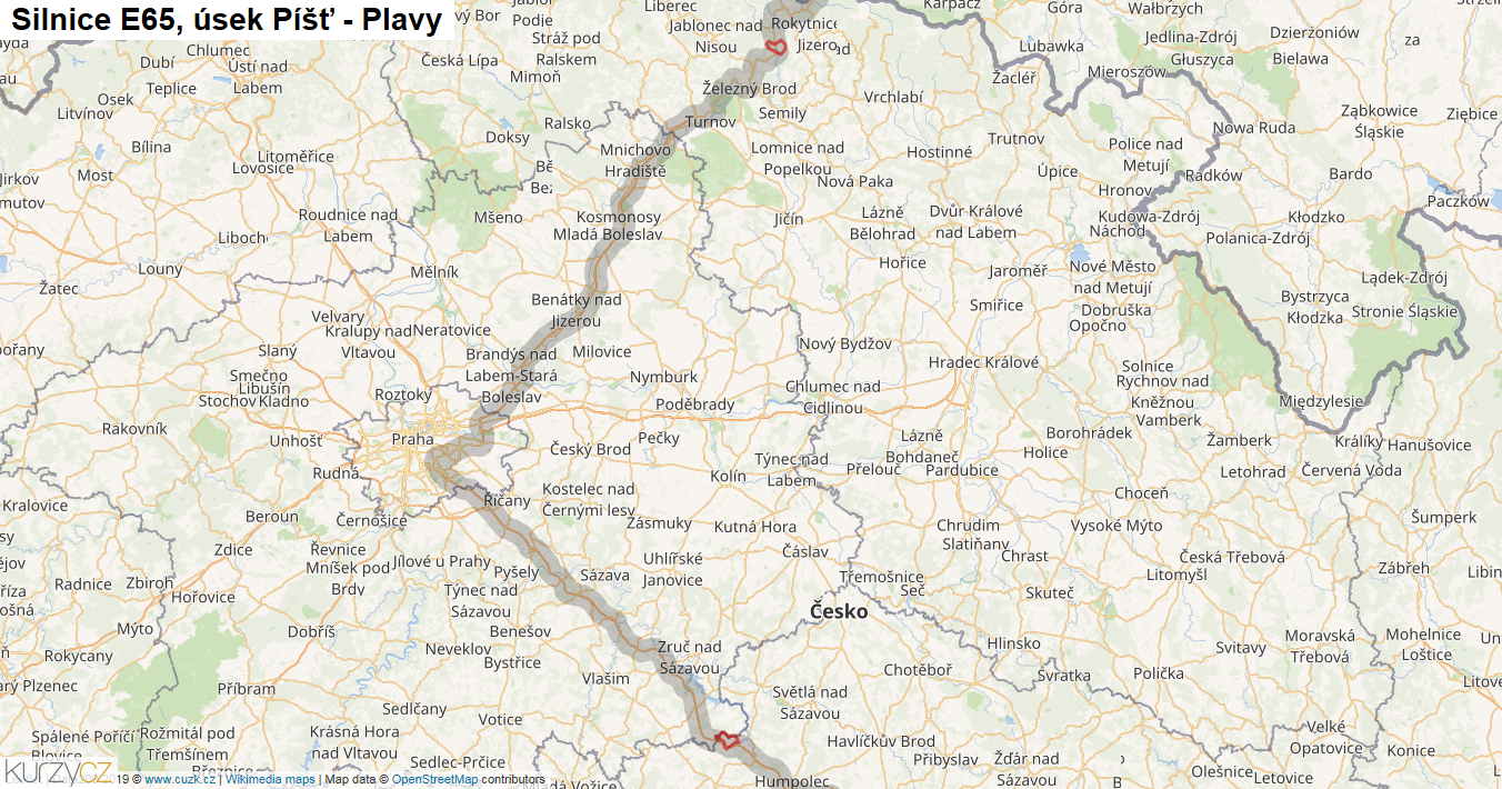 Úsek Píšť - Plavy, Silnice E65 - Mapa