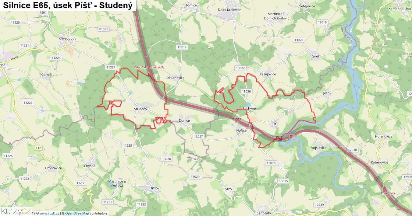 Úsek Píšť - Studený, Silnice E65 - Mapa