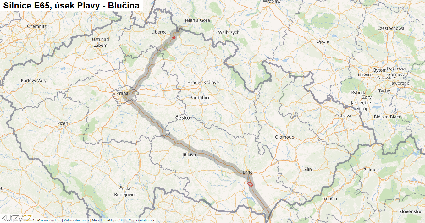 Úsek Plavy - Blučina, Silnice E65 - Mapa
