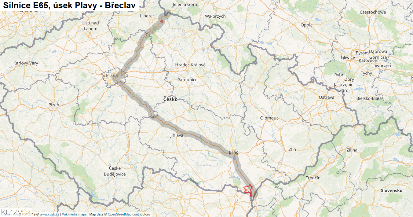 Úsek Plavy - Břeclav, Silnice E65 - Mapa
